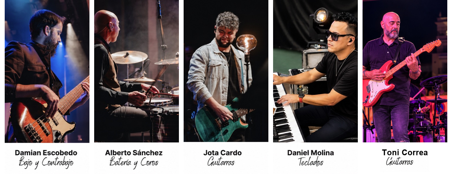 Damián Escobedo, Alberto Sánchez, Jota Cardo, Daniel Molina y Toni Correa, guitarrista de Lady Liverpool